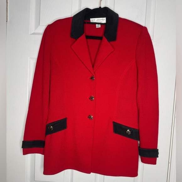 ST. JOHN collection vintage red santana knit blazer leather accents size 2 - Picture 1 of 9